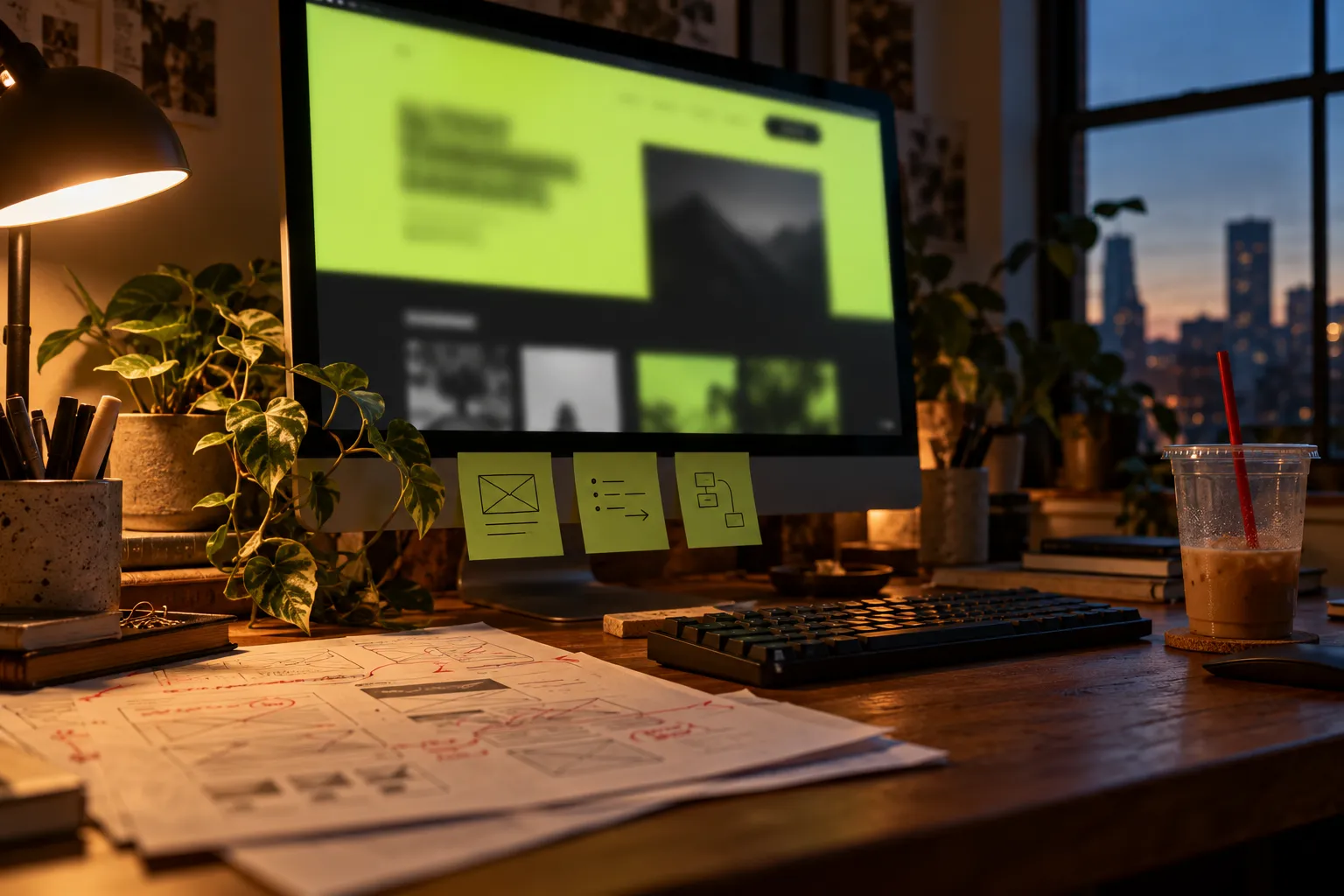 A studio desk at night, a big monitor showing a bold website, an iced latte and sticky notes